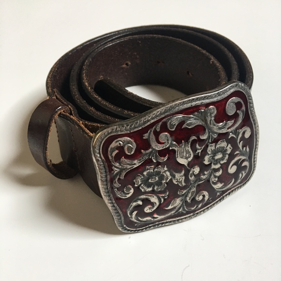Vintage Boho Italy GAP Floral Enamel Buckle Brown Leather Belt S - Picture 8 of 8